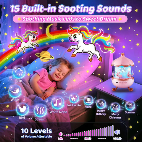 Child sleeping under unicorn night light projector with 360 degree rotation, 21 colors, creating dreamy starry night for girls 4-8.