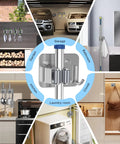 Stainless Steel Mop And Broom Holder Wall Mount With Hooks 4 Pack Screw Or Self Adhesive Install Rustproof 304 Stainless Tool Organizer in various rooms.