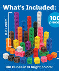 Hands-On Math Link Cubes Set Of 100 For Kids 5 And Up in 10 colors displayed on blue background