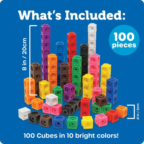 Hands-On Math Link Cubes Set Of 100 For Kids 5 And Up in 10 colors displayed on blue background