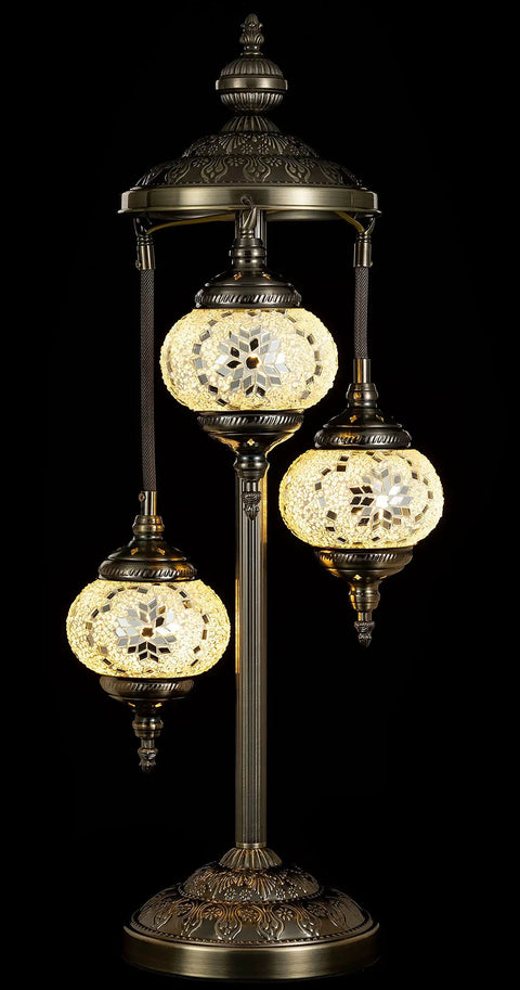 Three Globes Turkish Mosaic Table Lamp With Tiffany Style Stained Glass Handmade Boho Bedside Lamp Antique Metal Base