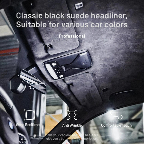 Auto headliner fabric, 98 x 60 inches, black suede with foam backing, installed in vehicle roof