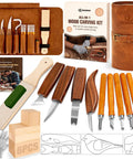 24 Piece Wood Carving Kit With Easy Storage Bag For Beginners Do It Yourself Whittling Set Includes Basswood Blocks Templates Polishing Compound Leather Strop Safety Gloves And A Grab And Go Starter Kit displayed with tools and storage bag.