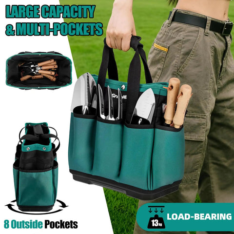 Heavy Duty Garden Tool Tote With Molded Bottom And 10 Pockets Reinforced Go To Workhorse Tool Bag Top Snap Closures For Spill Proof Transport Rugged 600D Oxford Dark Green Tools Not Included