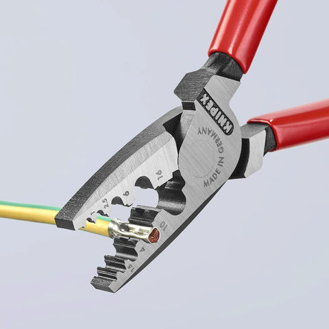 Workhorse Crimping Pliers for Cable Ferrules and Wire Terminals, DIN 46228 Compliant, close-up of crimping action on wires