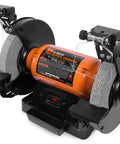 Eight Inch Bench Grinder Powered By A Beefy Four Point Eight Amp Motor Hitting 3450 RPM, features adjustable eye guards and LED work lights.