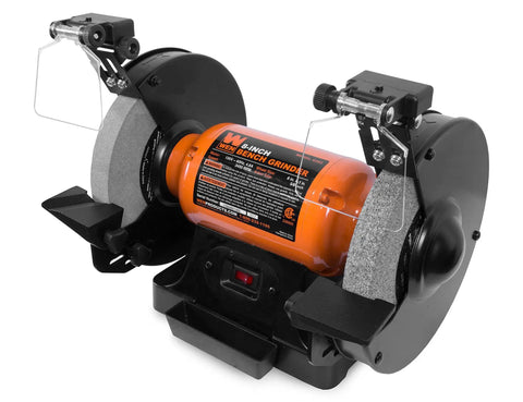 Eight Inch Bench Grinder Powered By A Beefy Four Point Eight Amp Motor Hitting 3450 RPM, features adjustable eye guards and LED work lights.