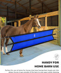 Horse behind blue Extended Stall Guard For Horses With Adjustable Straps And D Rings Blue Barn Ready Aisle Barrier in barn