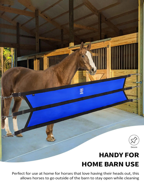 Horse behind blue Extended Stall Guard For Horses With Adjustable Straps And D Rings Blue Barn Ready Aisle Barrier in barn