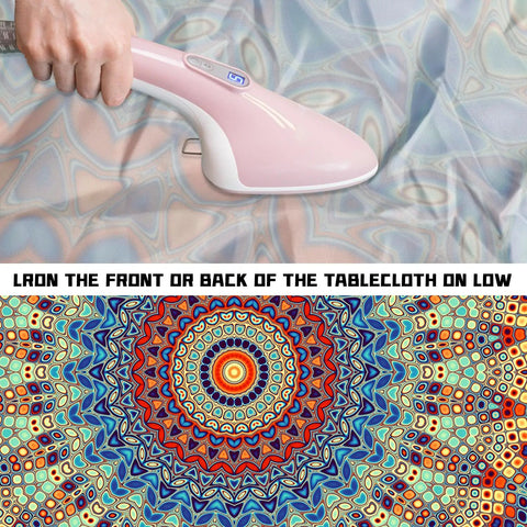 Round Fitted Tablecloth With Elastic For Outdoor Tables, Waterproof, colorful mandala pattern being ironed, text instructions