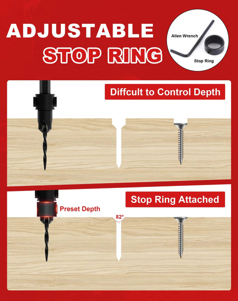Adjustable stop ring with drill bit from Pro Grade Heavy Duty Wood Countersink Drill Bit Set With Four Six Eight Ten Twelve Tapered Bits One Quarter Inch Hex Shank Plus Plug Cutters Allen Key And Depth Stop Collars For Precise Countersinking In Woodworking And Carpentry, demonstrating depth control in woodwork.