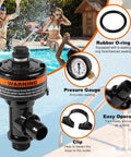 Front view of black manual air-relief valve assembly with pool filter pressure gauge and O-ring