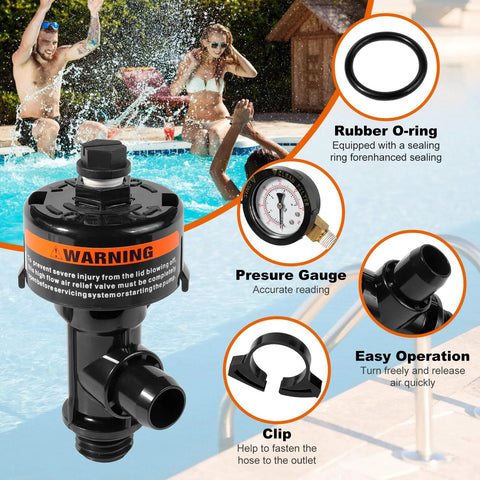 Front view of black manual air-relief valve assembly with pool filter pressure gauge and O-ring