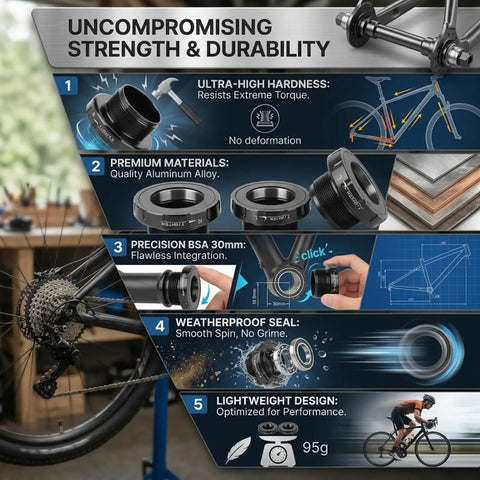 Infographic showing features of 30mm External Bottom Bracket For 30mm Cranks Compatible With Rotor And Race Face External Socket Fit For Road Bikes.