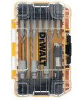 Front view of DEWALT 20-piece Rapid Load screwdriver bit set in transparent amber case