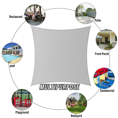 Image showing uses of Turquoise Square Shade Sail 12x12 for Patio Backyard Garden Permeable Sun Block Canopy Awning 190 GSM Durable HDPE UV Protection