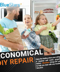 Family opening refrigerator with BlueStars DIY repair kit promotion.