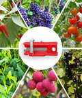Collage of fruits and vegetables with a red All Purpose Gardener Thumb Knife And Pruning Shears in the center.