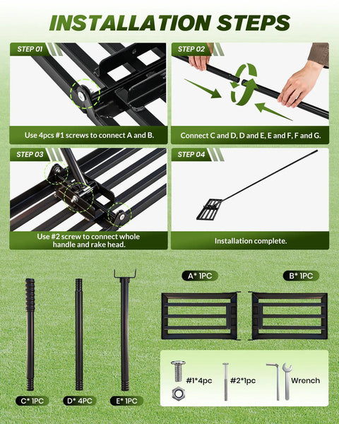 Installation steps for Lawn Leveling Rake 30 Inch Wide Plate For Quick Yard Smoothing, Pro Grade Heavy Duty Ground Leveler and tools.