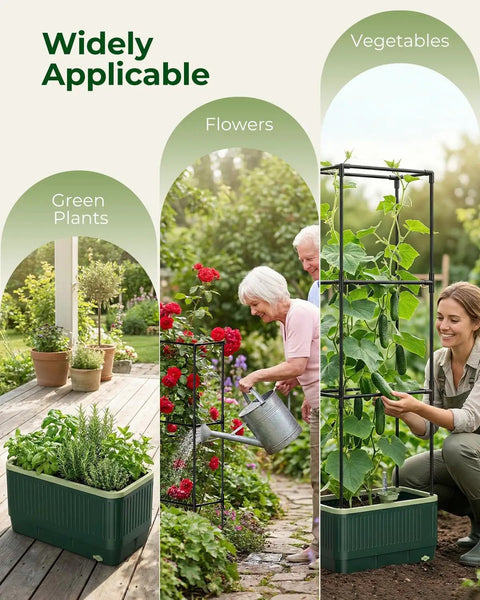 Raised Garden Bed Planter With Trellis For No Fuss Self Watering Tomatoes Climbing Plants And Veggies For Indoor Outdoor Patio Garden Great For Balcony And Yard Gardens And Aids Healthy Harvest in use on patio with vegetables and flowers.
