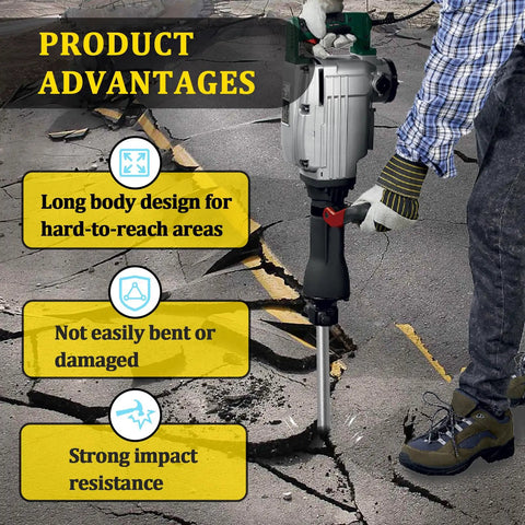 Person using a pneumatic air hammer tool on concrete, showcasing product advantages like long body design and strong impact resistance.