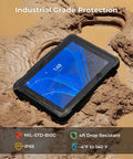 Rock Solid Heavy Duty Rugged Tablet With 10.1 Inch Sunlight Readable Screen in sandy terrain, showcasing industrial grade protection.