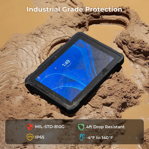 Rock Solid Heavy Duty Rugged Tablet With 10.1 Inch Sunlight Readable Screen in sandy terrain, showcasing industrial grade protection.