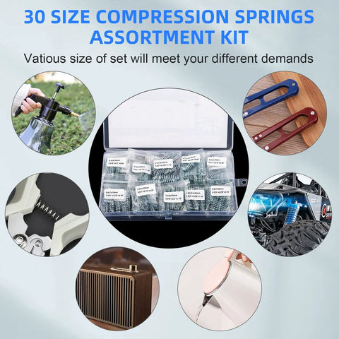 300 pcs stainless steel compression springs assortment kit in clear organizer with labeled bags, 30 sizes
