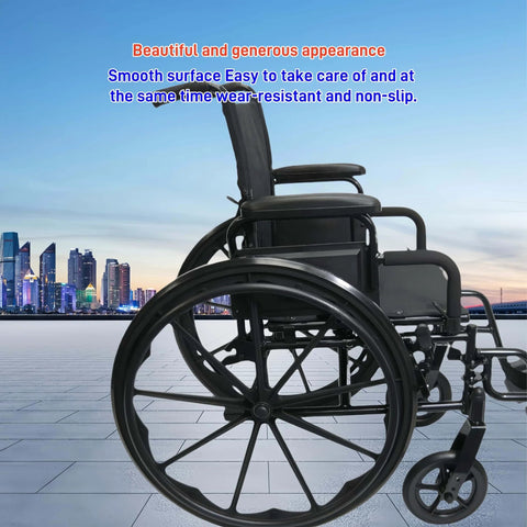 Side view of wheelchair with Universal 24 Inch No Flat Polyurethane Wheelchair Tires Pair With Mounting Tools And Straps Included Fits Nine Spoke 24 Inch Plastic Wheels From All Brands