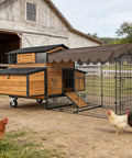 Spacious 6-8 Chickens All In One Wooden Poultry Cage With Metal Frame Removable Dividers Wheels and Ramp in outdoor setting