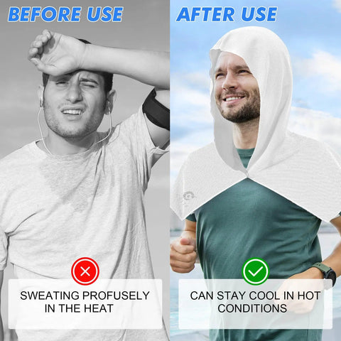 Comparison of man before and after using 3 Pack Cooling Hoodie Towels For Neck And Face With UPF 50 Sun Protection And Instant Cooling Ice Towels