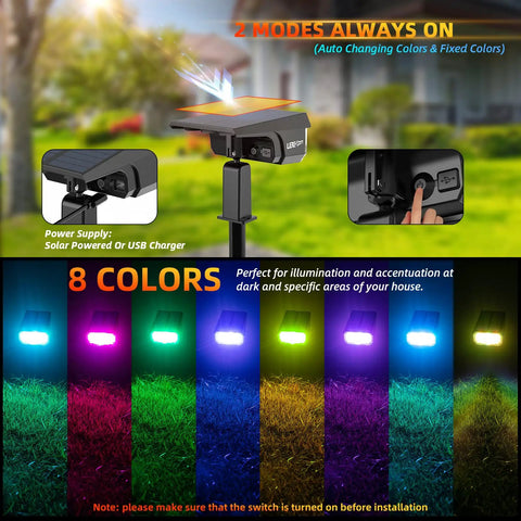 Lit Color Changing RGB Solar And USB Powered Outdoor Landscape Lights With 40 LEDs, showing 8 color options and power button