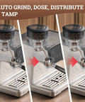 One Touch Auto Grind Espresso Machine With Smart Dosing And Brushed Stainless Steel Finish grinding and dispensing coffee grounds.