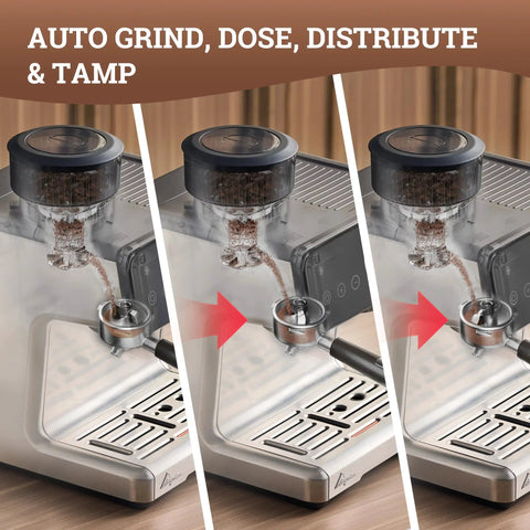 One Touch Auto Grind Espresso Machine With Smart Dosing And Brushed Stainless Steel Finish grinding and dispensing coffee grounds.