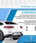 Rear view of white Mercedes Benz showcasing Stainless Steel License Plate Screws Set For Front And Rear Mounting, Rust Proof Hardware.