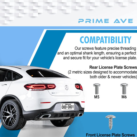 Rear view of white Mercedes Benz showcasing Stainless Steel License Plate Screws Set For Front And Rear Mounting, Rust Proof Hardware.