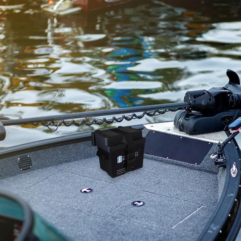 Built Like A Tank Group U1 Battery Box With High Flow Vents And Beefed Up Carry Bars For Lockdown Storage On John Deere Utility Xuv MGator Daily Drivers Lawn Tractors on a boat deck.