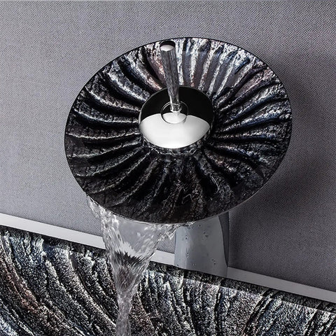 USZWBY Bathroom Vessel Sink, Tempered Glass Artistic Vessel Bowl Sink Waterfall Faucet in sleek black design.