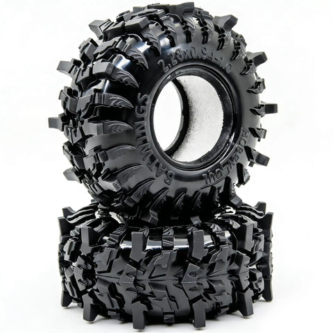 Two Batwing Tread 58mm 1.0 Inch RC Crawler Tires in ultra soft sticky rubber for mud dirt and wet rocks, stacked and side view.