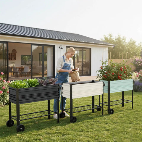 Raised Garden Bed On Legs And Wheels Galvanized Planter With 400 Lb Capacity 37 By 14.6 By 31.6 Inches Elevated Garden Box White