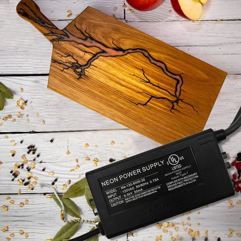 High Voltage Neon Sign Power Supply 6.5KV 30mA Transformer 120VAC UL Listed with wooden textured background and ingredients