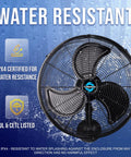 20 Inch Pro Series High Velocity Oscillating Waterproof Outdoor Wall Mount Fan For Industrial, Commercial And Residential Use, 3 Speed Settings, 5250 CFM, Rugged And Rust Resistant Aluminum And Steel, UL Listed, front view over water-resistant background.