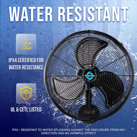 20 Inch Pro Series High Velocity Oscillating Waterproof Outdoor Wall Mount Fan For Industrial, Commercial And Residential Use, 3 Speed Settings, 5250 CFM, Rugged And Rust Resistant Aluminum And Steel, UL Listed, front view over water-resistant background.