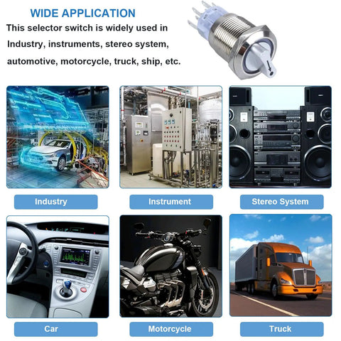 Applications of 22mm Latching DPDT Rotary Selector Switch in industry, instruments, stereo systems, cars, motorcycles, trucks