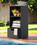 Rattan Outdoor Storage Cabinet With Towel Rack And Drawer, Dual Shelves For Pool Towels And Garden Tools, Weatherproof Backyard Patio Deck Organizer, Lockable Design, Black