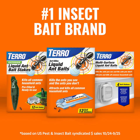 Three Terro insect bait products on orange background: outdoor stakes, ant killer, multi-surface bait for home pest control.