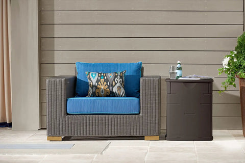 19 Gallon Resin Outdoor Deck Box Weatherproof Storage Brown UV Resistant Water Tight Lid Doubles As End Table by patio seat.
