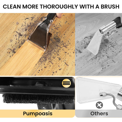 Pro Grade Carpet Extractor Kit For Your Vacuum DIY Friendly with cleaning brush shown on wooden floor with dirt particles.