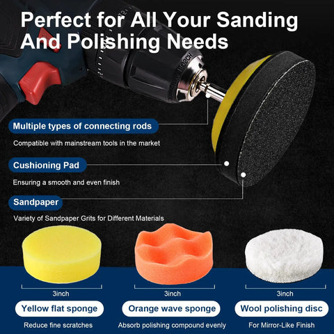 All In One 199 Piece 3 Inch Wet And Dry Sanding Disc Kit with backer plates, wool pads, and polishing pads displayed.