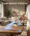 Using Disinfectant Fogger Machine For Fast Cleanup In Small And Medium Rooms to sanitize a table with blue mist in a modern living room.